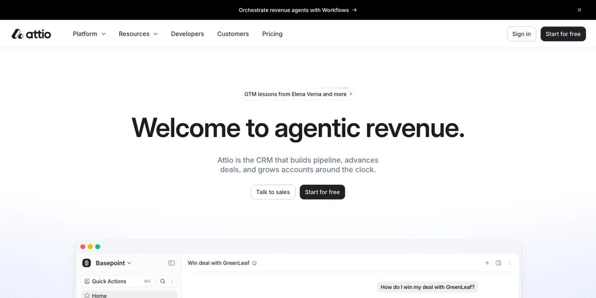 Attio homepage hero: 'Welcome to agentic revenue.' with the subheadline 'Attio is the CRM that builds pipeline, advances deals, and grows accounts around the clock.'