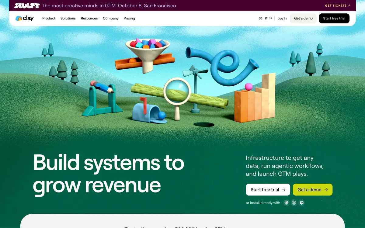 Clay homepage hero: a 3D illustration of a playful machine with funnels and tubes above the headline 'Build systems to grow revenue'