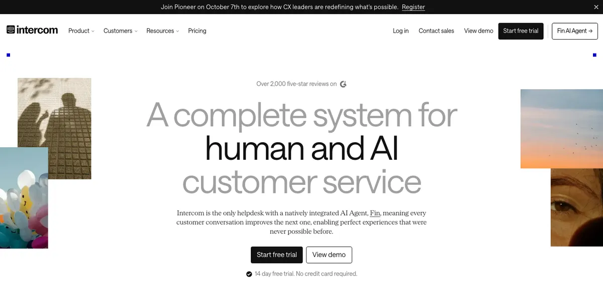 Intercom homepage hero: 'A complete system for human and AI customer service' with Start free trial and View demo buttons