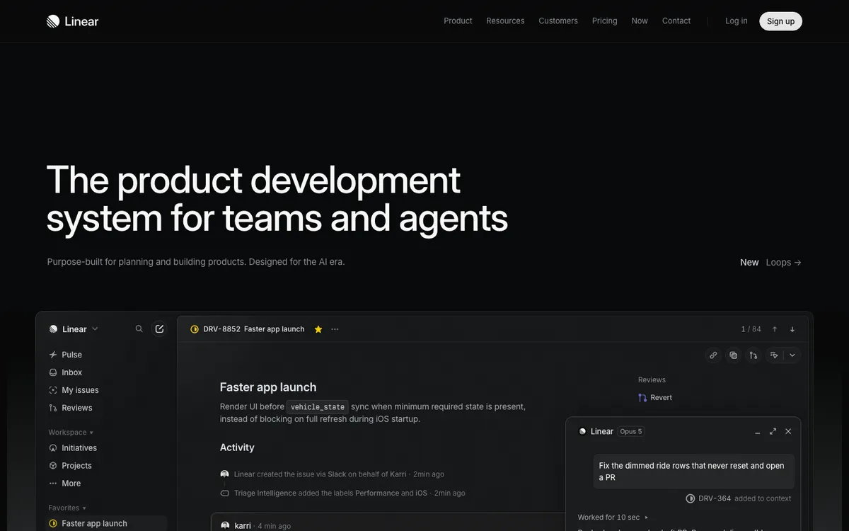 Linear homepage hero: 'The product development system for teams and agents' above a screenshot of the Linear app