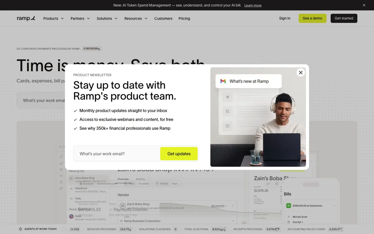 Ramp homepage with the headline 'Time is money. Save both.' partly covered by a newsletter sign-up pop-up