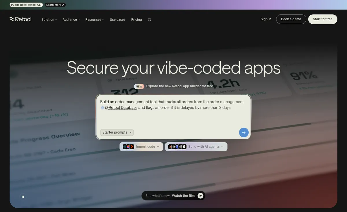 Retool homepage hero: 'Secure your vibe-coded apps' above a prompt box asking to build an order management tool