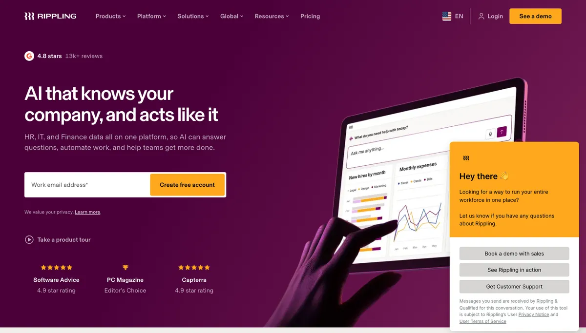 Rippling homepage hero: 'AI that knows your company, and acts like it' with a work email field and a chat widget open on the right