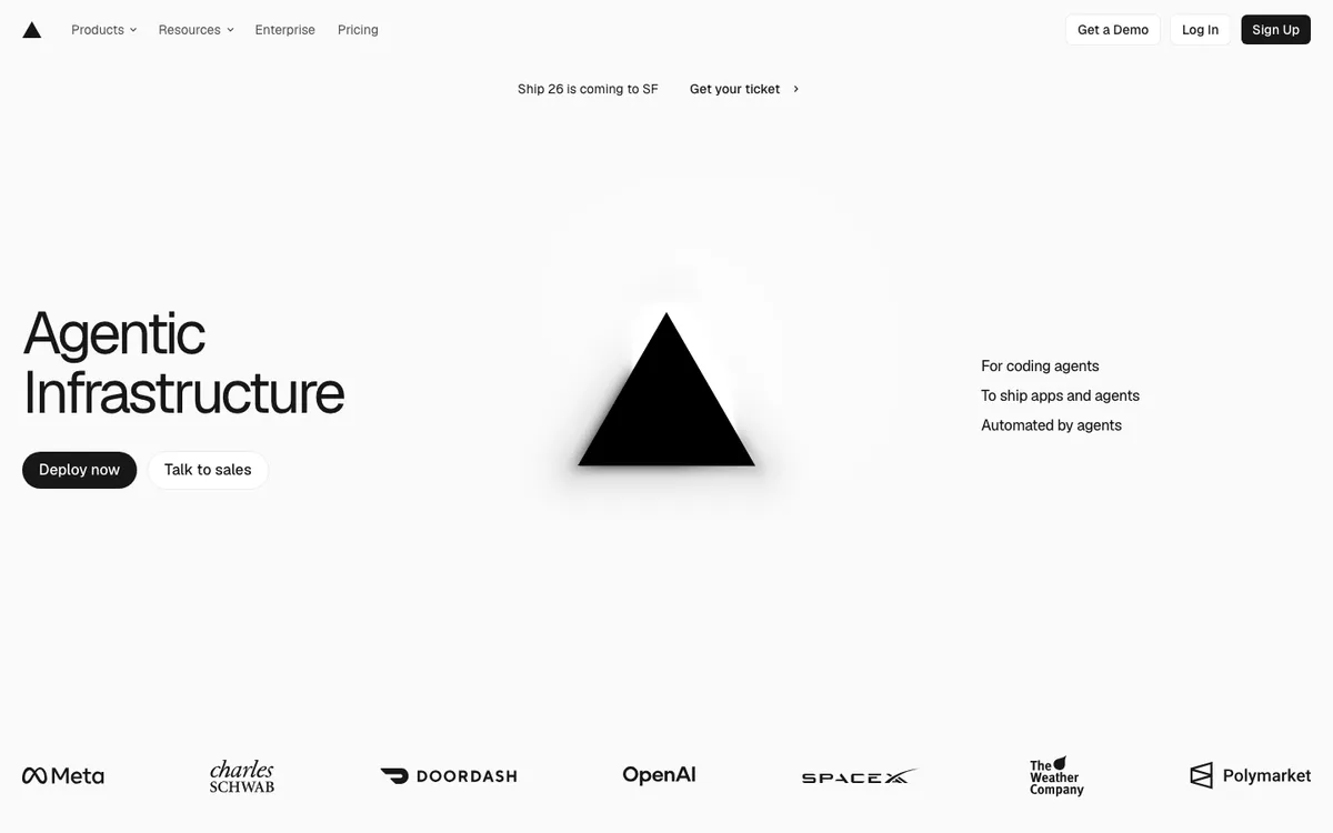 Vercel homepage hero: 'Agentic Infrastructure' next to the Vercel triangle, with Deploy now and Talk to sales buttons